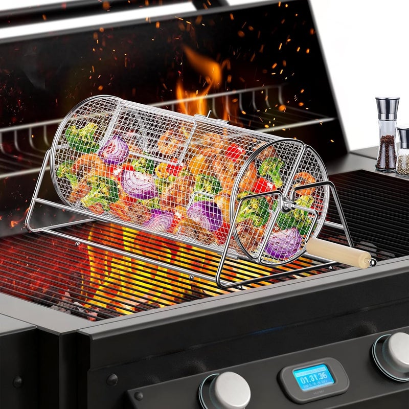 JOYJULY Rotatable Rolling Grill Baskets, 304 Stainless Steel, Even Cooking Nesting Grilling Net, BBQ Accessories Tools for Vegetables Shrimp, Outdoor Camping, Gifts for Birthday/Men/Dad/Husband - Image 1